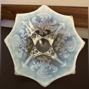 Antique Northwood Dugan Inverted Fan & Feather White Opalescent Footed Dish
